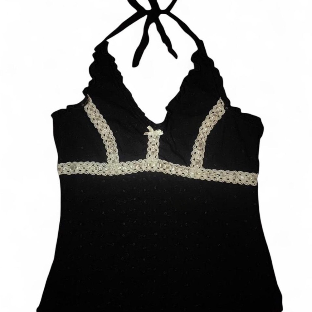 VINTAGE WHIMSY GOTH • BLACK • WHITE  LACE V NECK HALTER TOP • SIZE - LARGE
